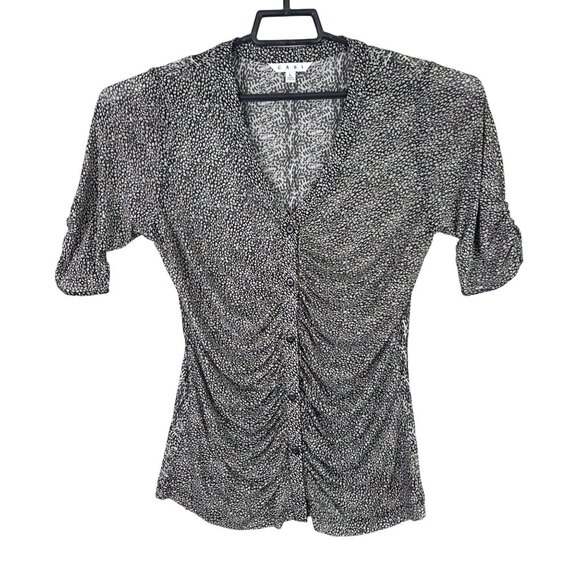 Womens Cabi Black & White Ruched Blouse Button Down Short Sleeve Polyester L - Picture 1 of 8